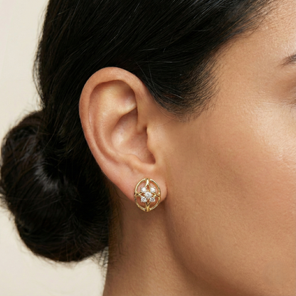 Yellow gold vermeil lab-diamond round cluster earrings on a model's ear