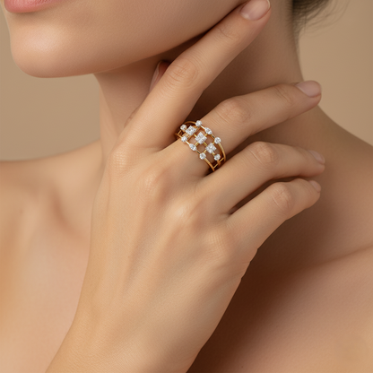 Yellow gold vermeil lab diamond ring with square-set stones on finger