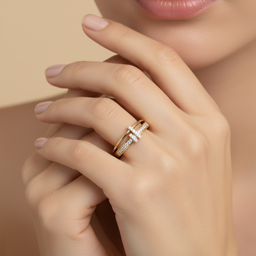Yellow gold vermeil lab diamond ring on hand, close-up with square center stones