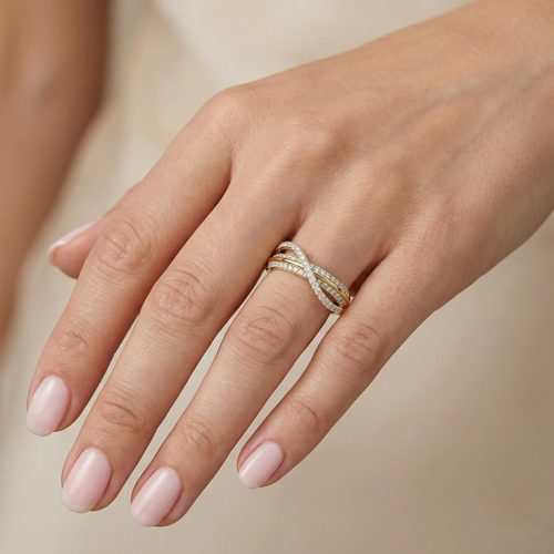 Lab diamond ring in yellow gold vermeil with pavé stacked bands on finger