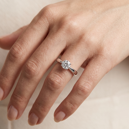 925 sterling silver lab diamond ring on hand, round solitaire center stone
