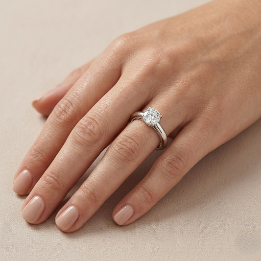 Sterling silver lab diamond ring worn on hand with round center stone