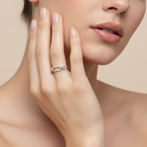 Yellow gold vermeil lab diamond ring with pavé stones on model's hand