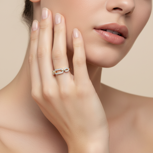 Yellow gold vermeil lab diamond ring with pavé stones on model's hand