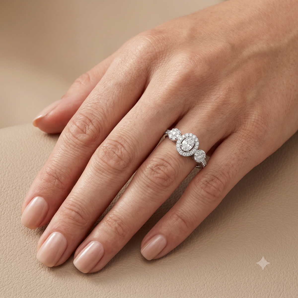 Sterling silver lab diamond ring on hand, three round stones in crown setting