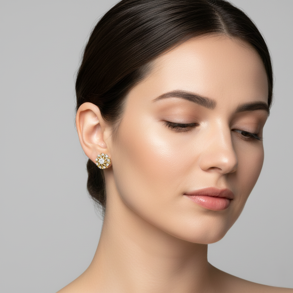 Sunburst lab diamond stud earrings in yellow gold vermeil, worn on ear