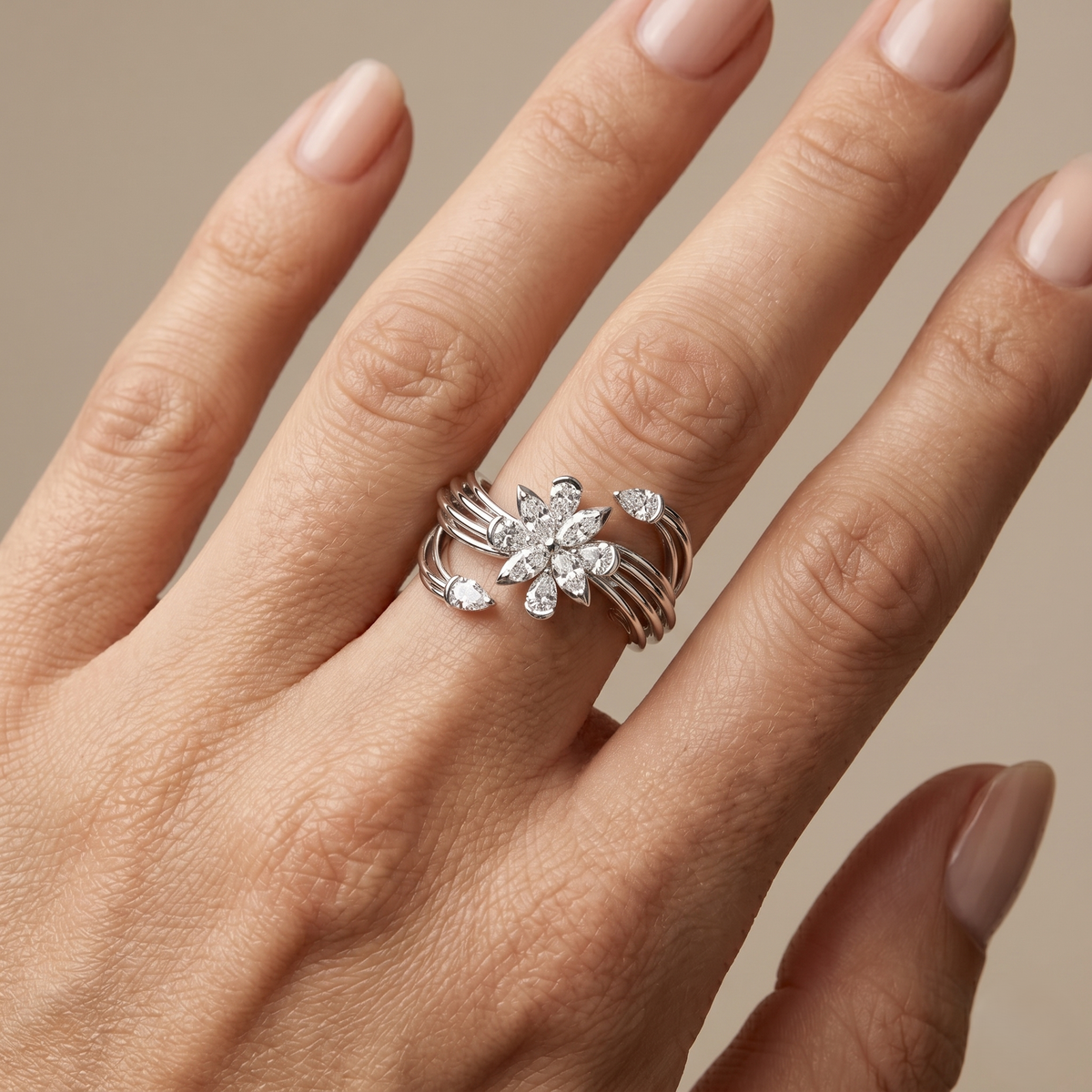 Sterling silver lab diamond ring on hand, floral cluster with round stones