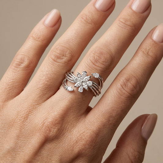Sterling silver lab diamond ring on hand, floral cluster with round stones