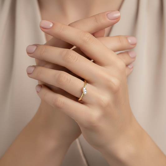 Yellow gold vermeil marquise lab diamond ring on finger