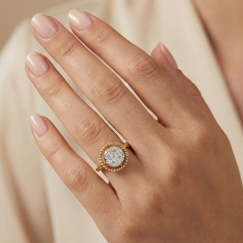 Hand wearing yellow gold vermeil lab diamond halo ring with braided band