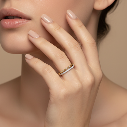 Yellow gold vermeil lab diamond band ring on hand, white pavé stones