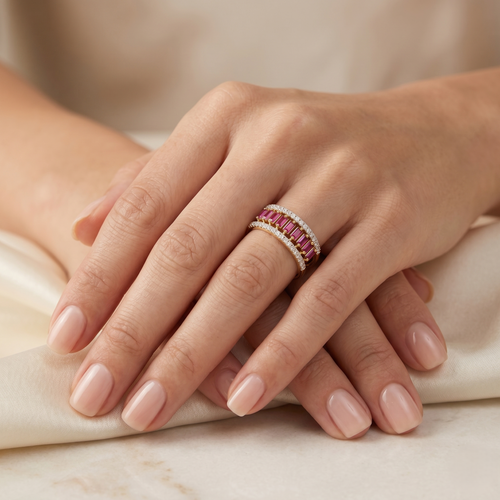 Yellow gold vermeil ring with pink ruby baguette stones and white diamond pavé on hand