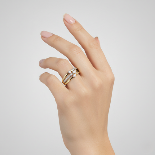 Yellow gold vermeil lab diamond ring with three round stones on a hand