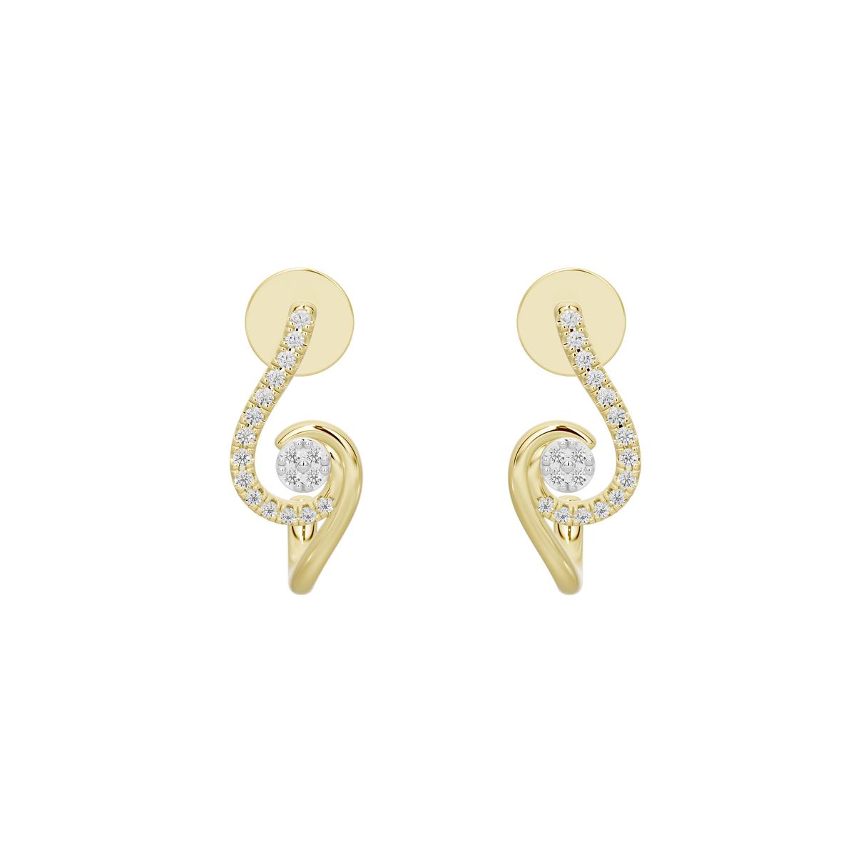Yellow gold vermeil swirl lab diamond stud hoop earrings with circular stone drop