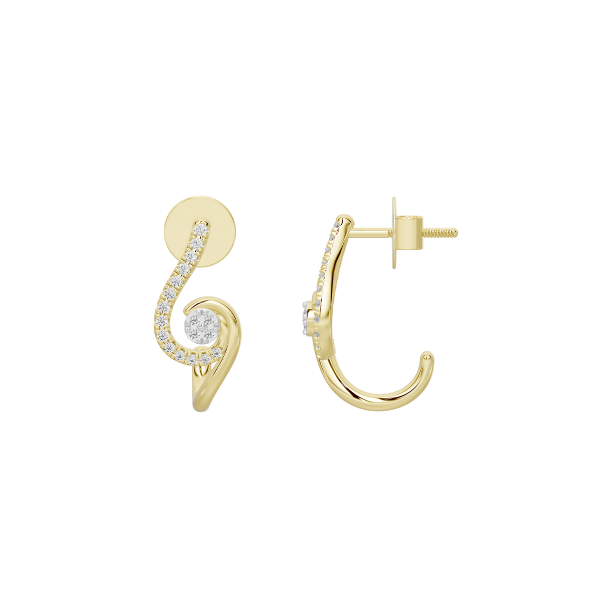 Yellow gold vermeil swirl lab diamond hoop earrings with post and hinge backs