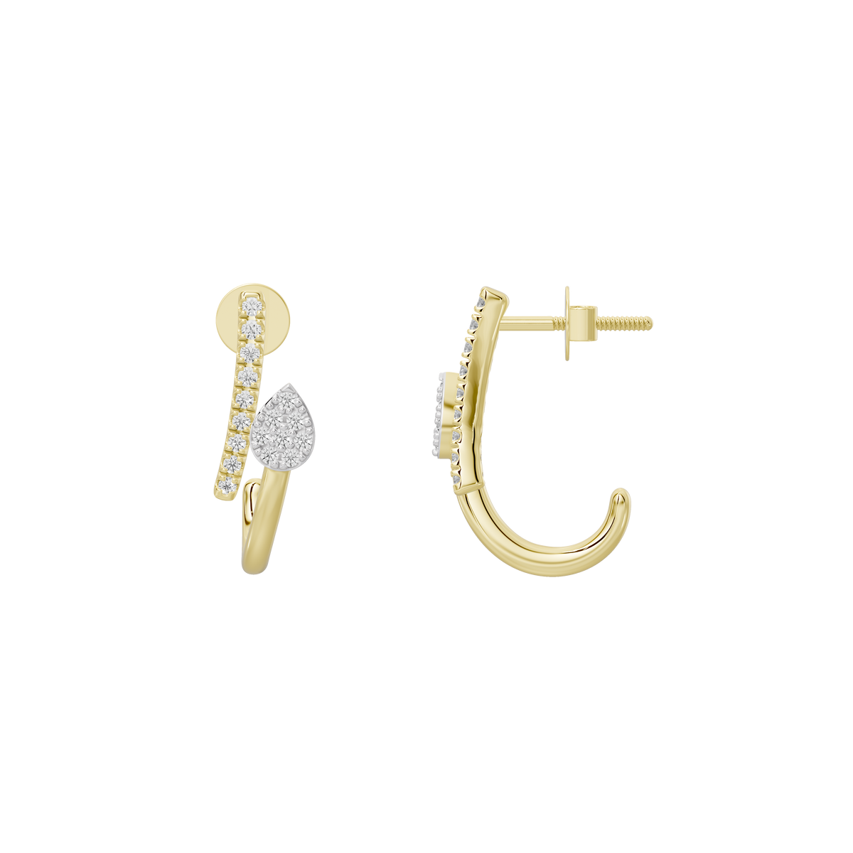 Yellow gold vermeil lab diamond earrings with curved hoop and dangling teardrop drop