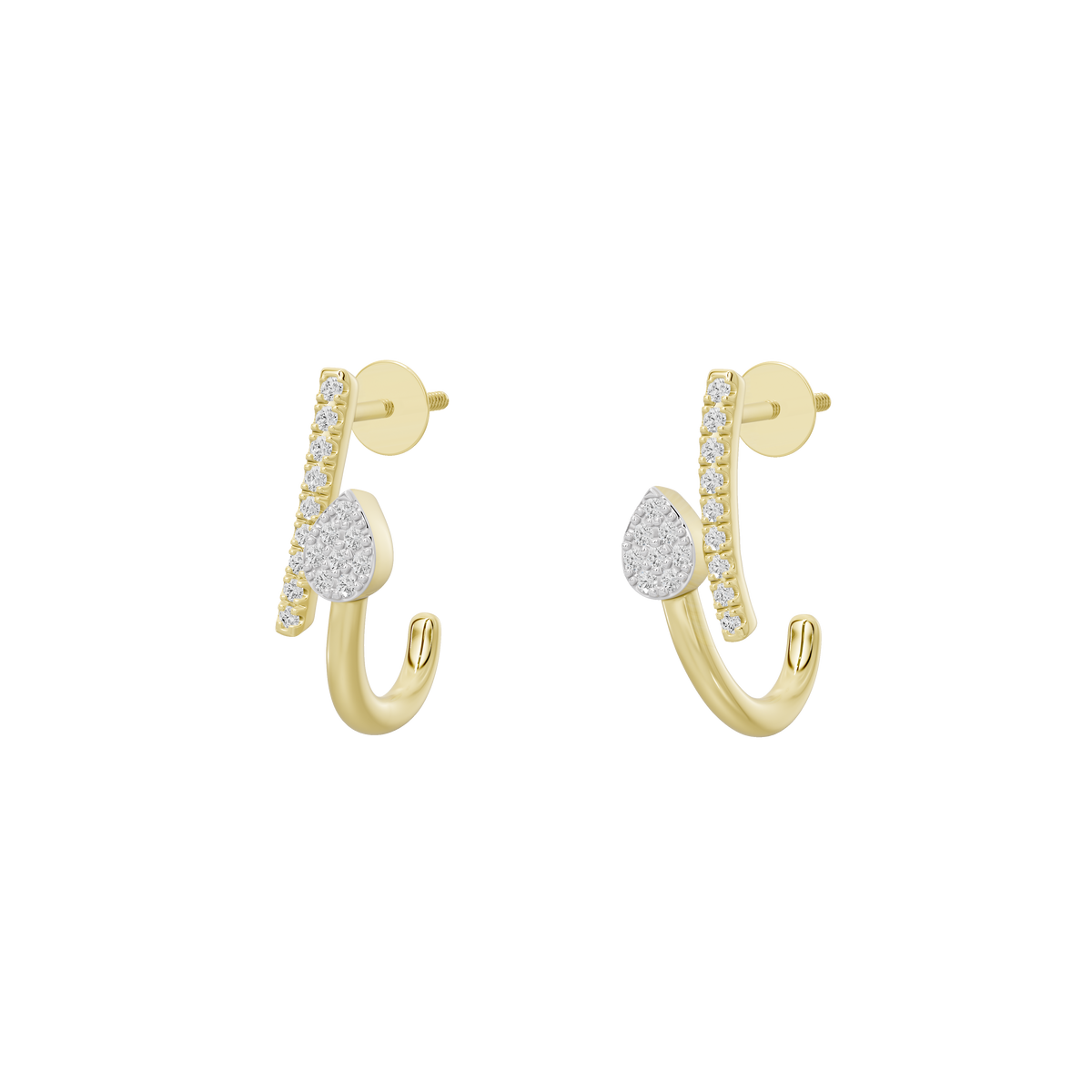 Yellow gold vermeil lab diamond hoop earrings, front view with dangling teardrop details