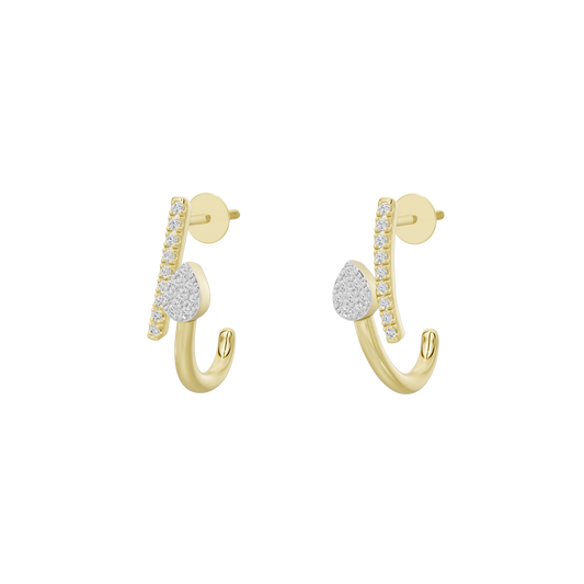 Yellow gold vermeil lab diamond hoop earrings, front view with dangling teardrop details