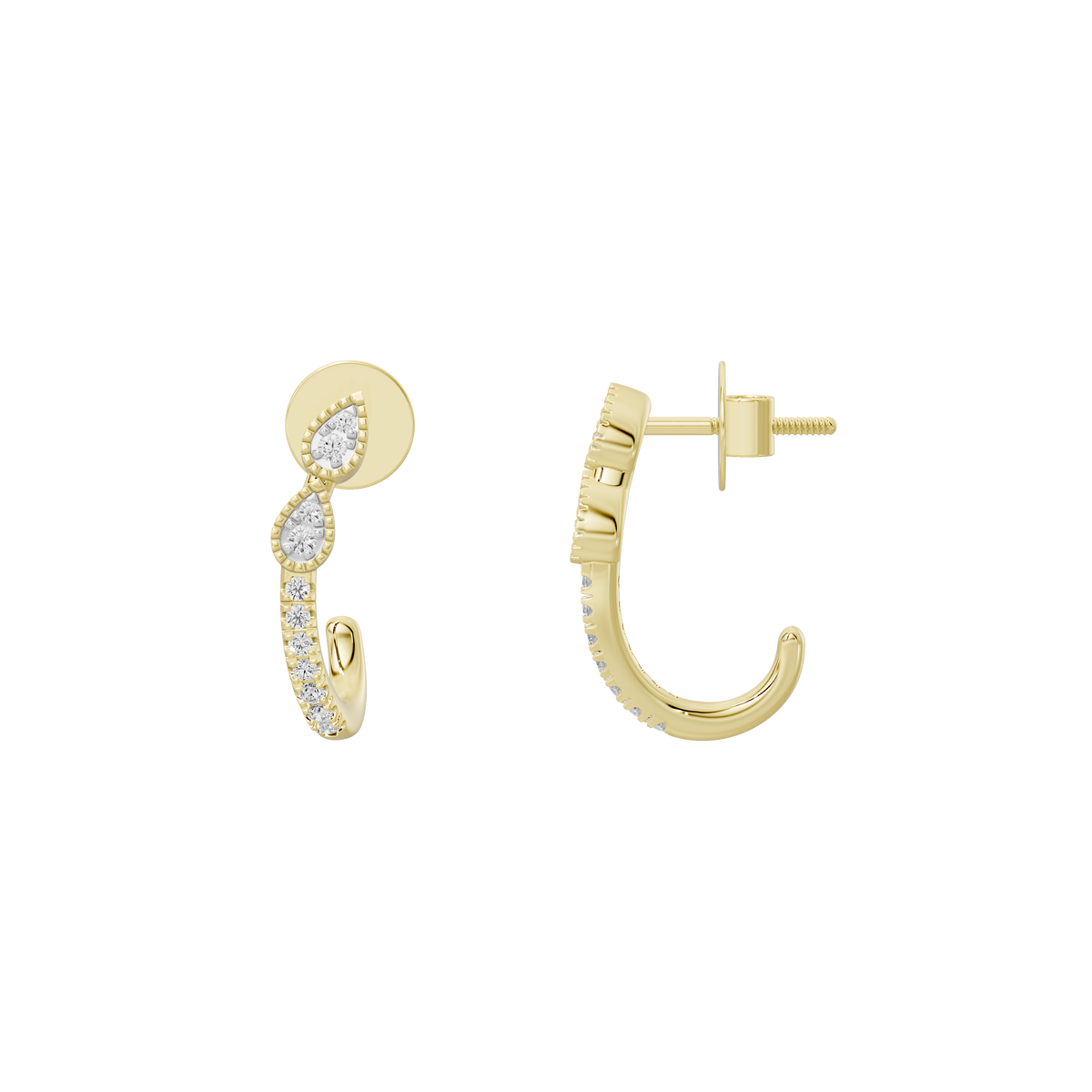 Gold vermeil lab diamond hoop earrings, side view with hinged clasp and pavé details
