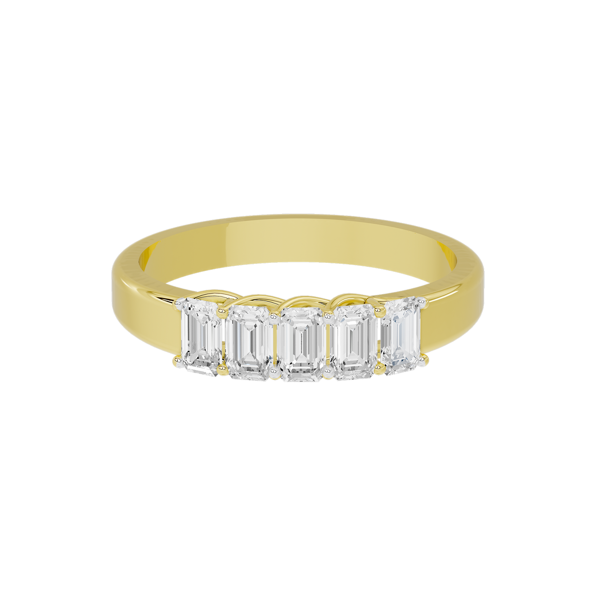 Yellow gold vermeil lab diamond ring with an emerald-cut stone row across the band