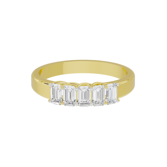 Yellow gold vermeil lab diamond ring with an emerald-cut stone row across the band