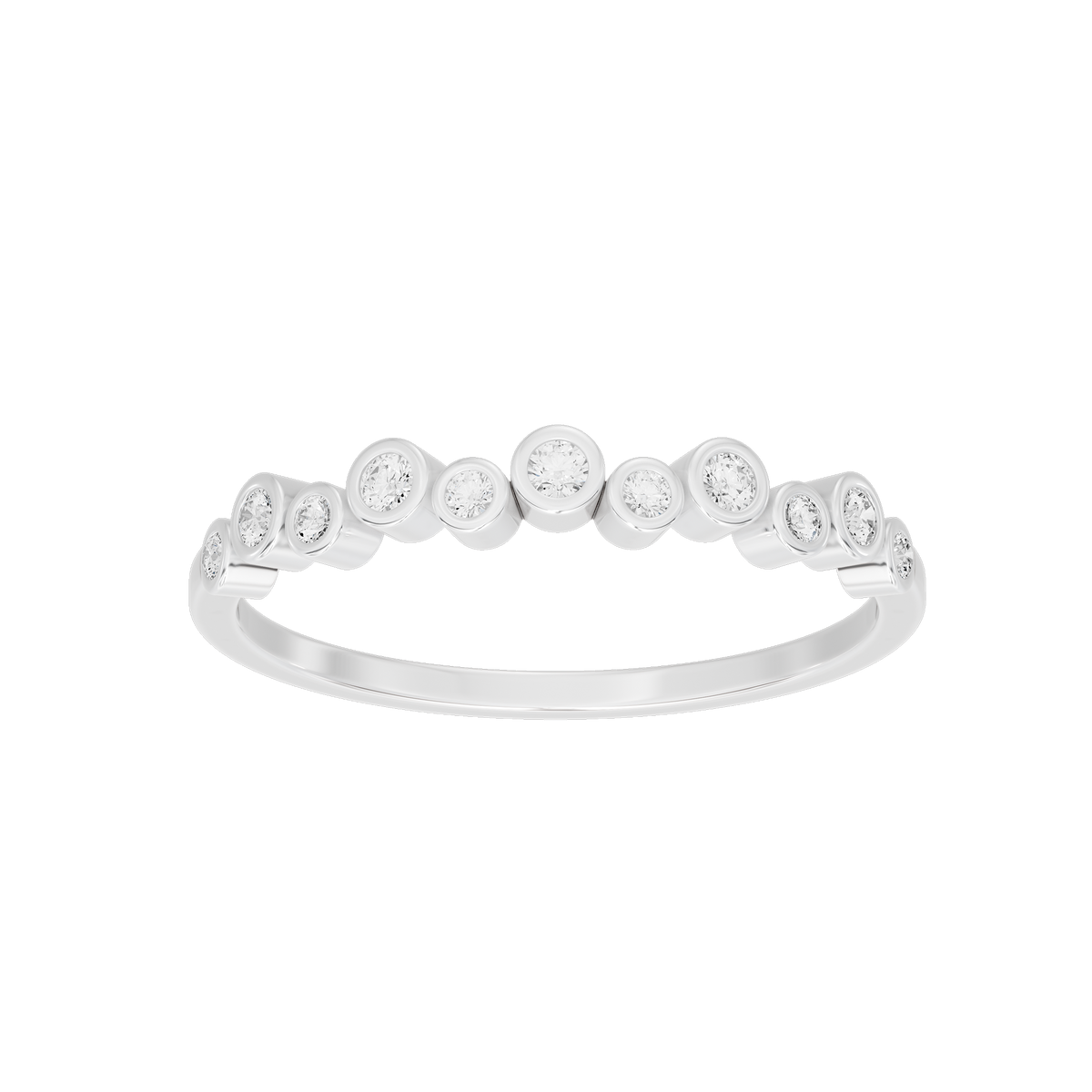 925 sterling silver lab diamond bezel ring, top view with evenly spaced round stones