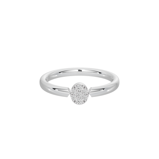 Silver ring with round lab-grown diamond center and split band with curved cutouts