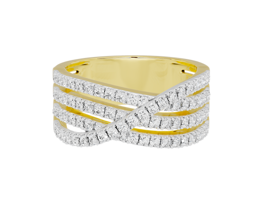 Yellow gold vermeil ring with white pavé diamond band and gold accent lines