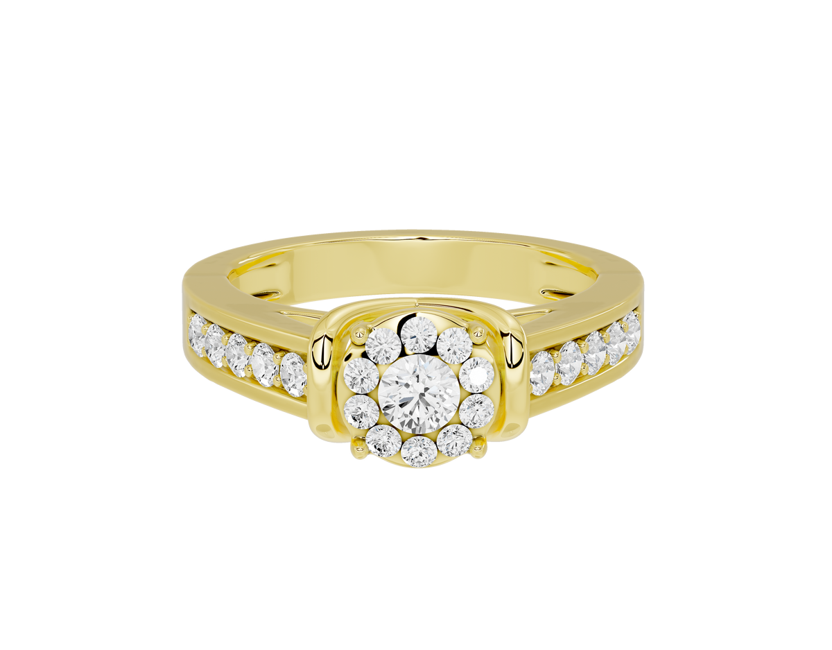 Yellow gold vermeil ring with round diamond cluster center and pave side stones