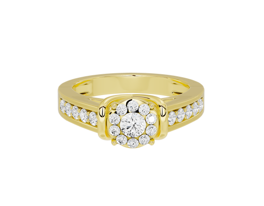 Yellow gold vermeil ring with round diamond cluster center and pave side stones