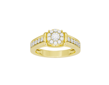 Yellow gold vermeil ring with oval center of round diamonds and thin pave bands