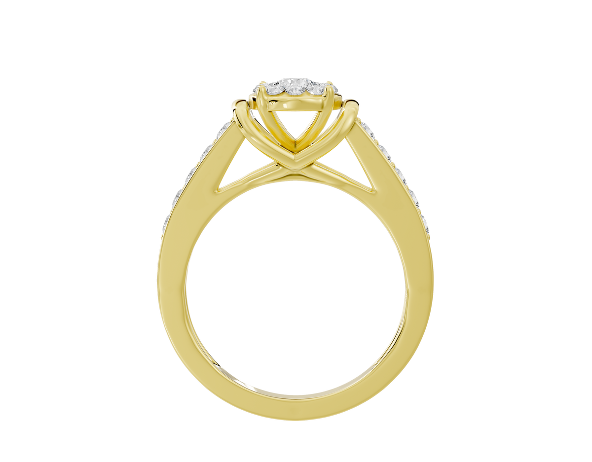 Yellow gold vermeil ring with oval halo of round lab diamonds and crisscross shank