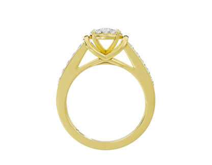 Yellow gold vermeil ring with oval halo of round lab diamonds and crisscross shank