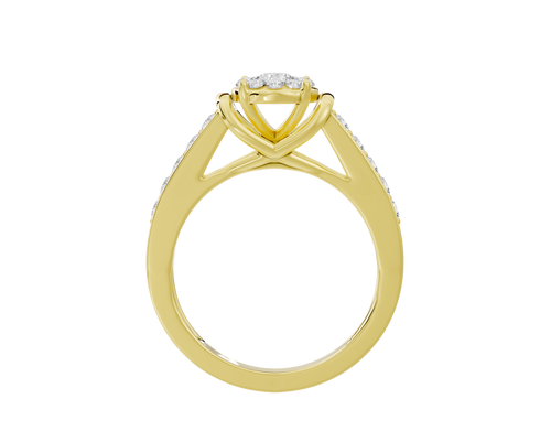 Yellow gold vermeil ring with oval halo of round lab diamonds and crisscross shank