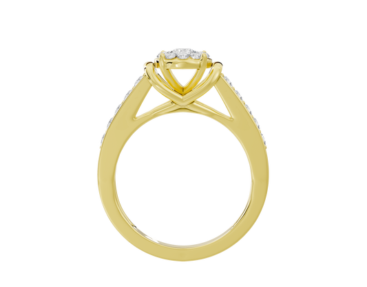 Yellow gold vermeil ring with oval halo of round lab diamonds and crisscross shank
