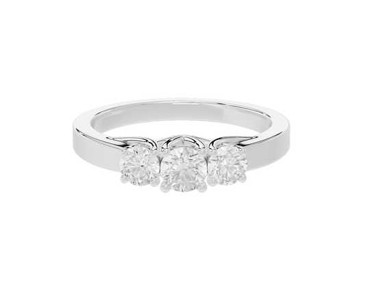 Sterling silver three-stone lab diamond ring, oval center stone and round side stones