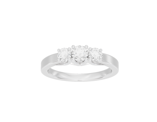 Sterling silver lab diamond three-stone ring with arched band and three round-cut stones