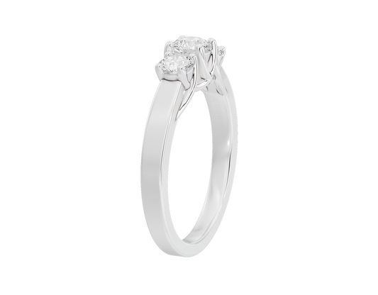 Sterling silver three-stone lab diamond ring with raised prongs and three round stones