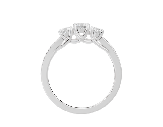 Sterling silver three-stone lab diamond ring with three round stones and sculpted shoulders
