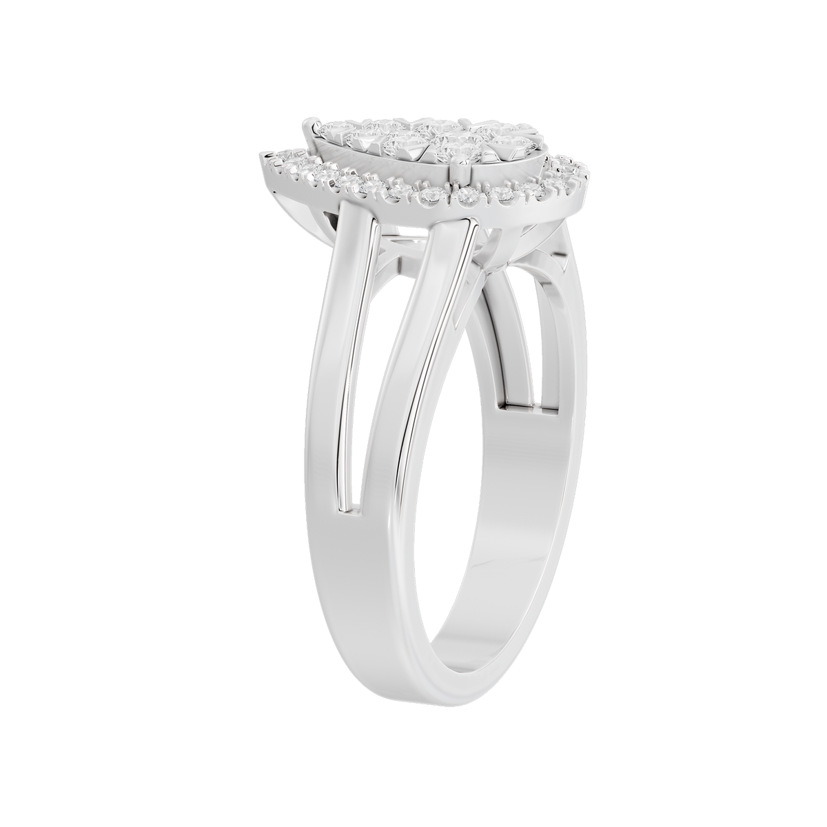 925 sterling silver lab diamond teardrop halo ring, side view of prongs