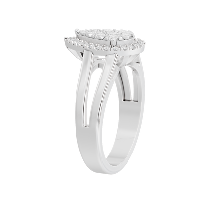 925 sterling silver lab diamond teardrop halo ring, side view of prongs