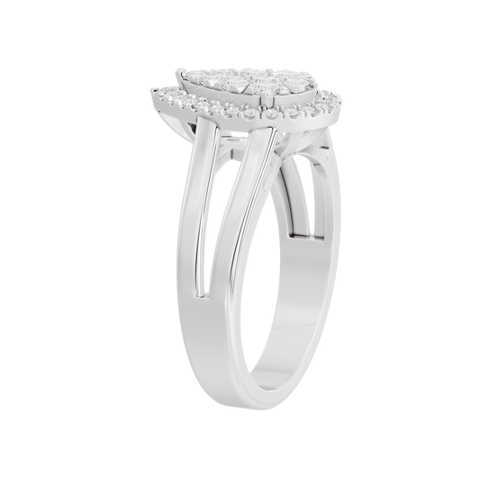 925 sterling silver lab diamond teardrop halo ring, side view of prongs