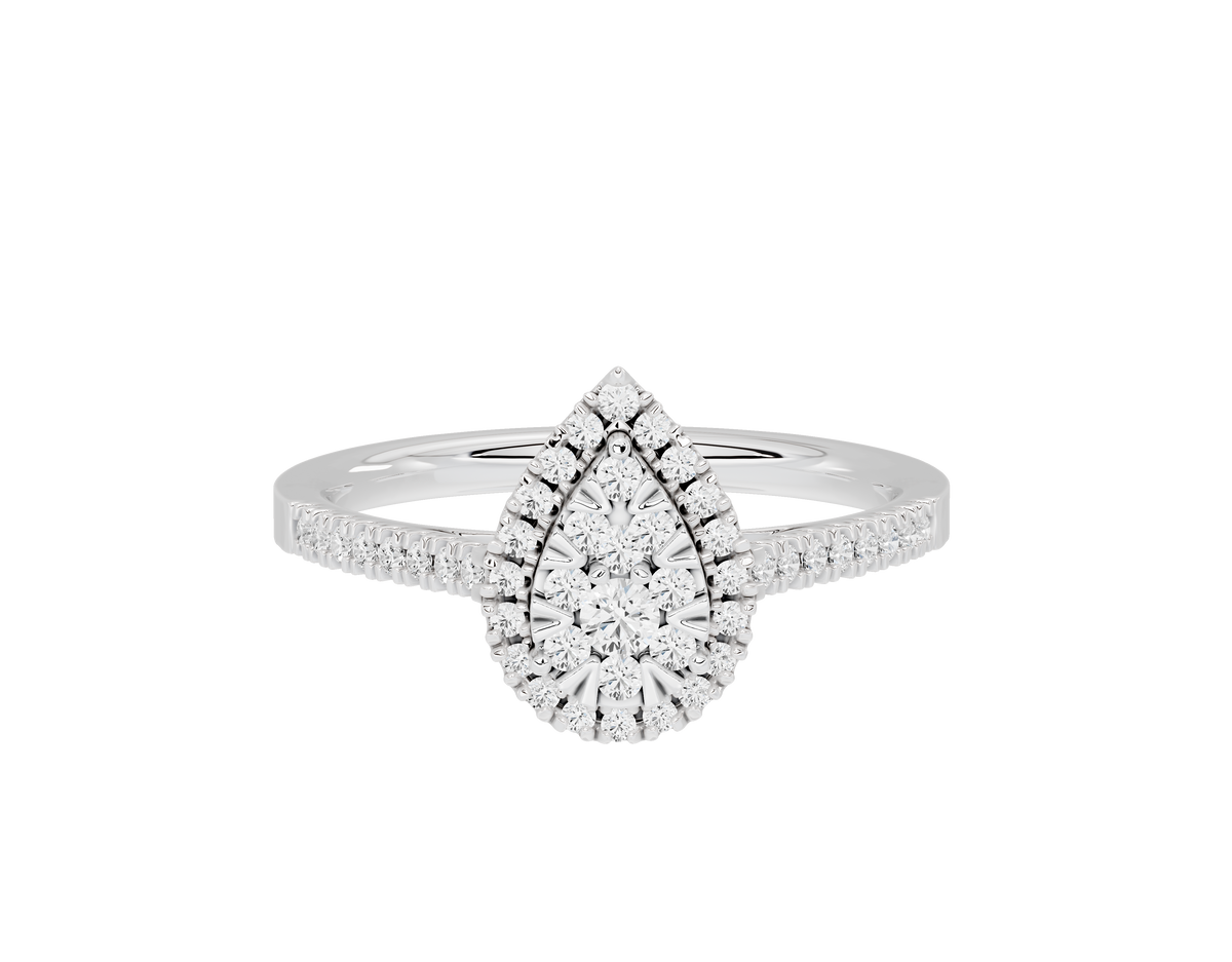 Sterling silver lab diamond ring with pear-shaped halo and pavé band