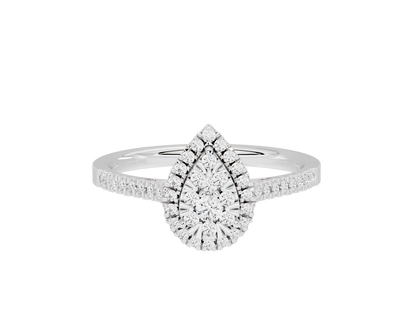 Sterling silver lab diamond ring with pear-shaped halo and pavé band