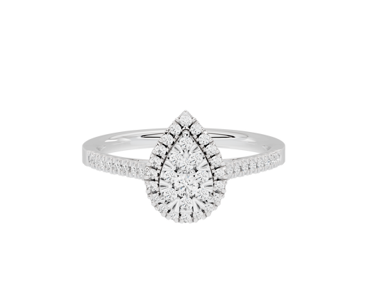 Sterling silver lab diamond ring with pear-shaped halo and pavé band