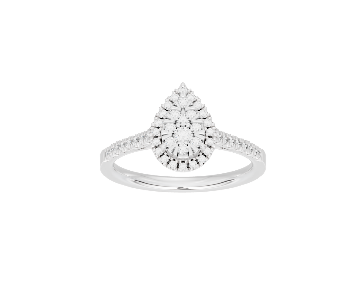 Sterling silver lab diamond ring with pear-shaped center and pavé band