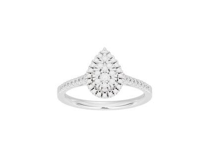 Sterling silver lab diamond ring with pear-shaped center and pavé band