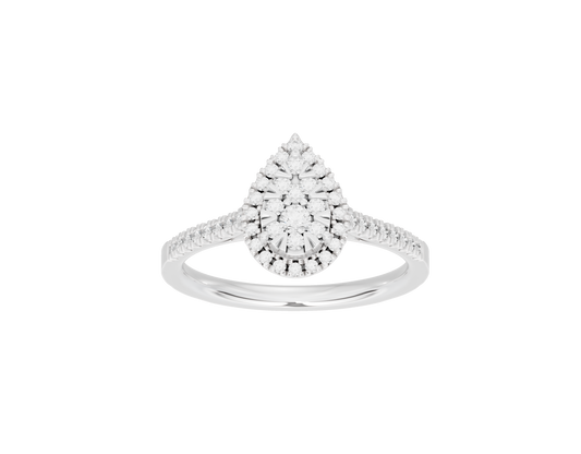 Sterling silver lab diamond ring with pear-shaped center and pavé band