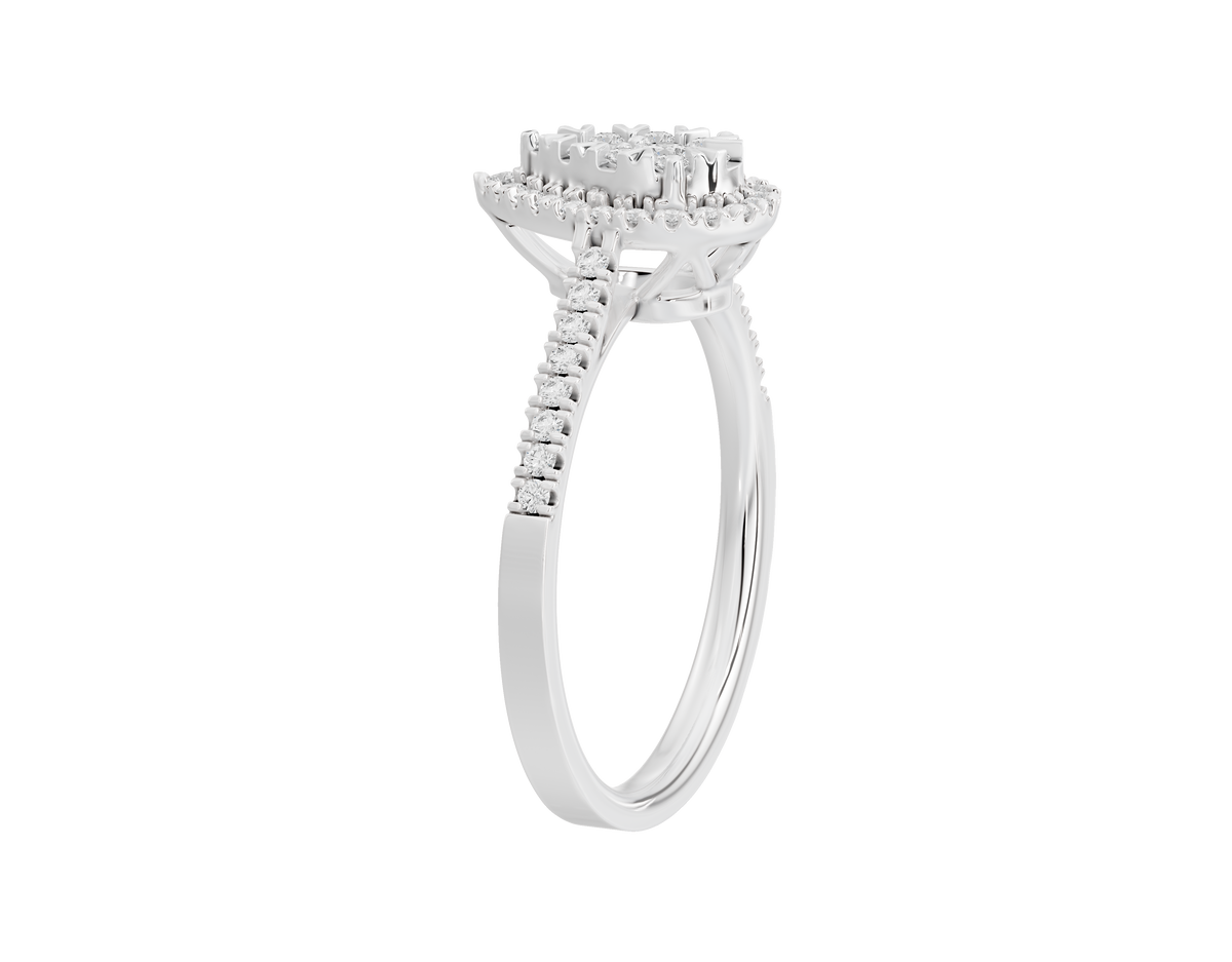 Sterling silver lab diamond ring with raised pear-shaped cluster and pavé details