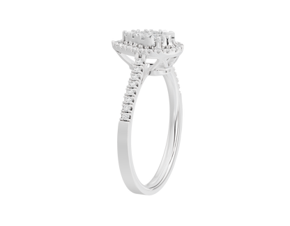 Sterling silver lab diamond ring with raised pear-shaped cluster and pavé details